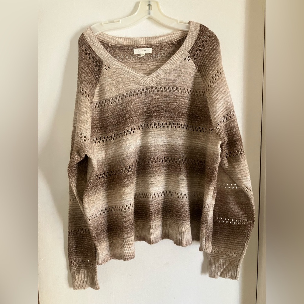Cleo + Wolf Taupe and Chocolate Ombre V-Neck Knit Sweater